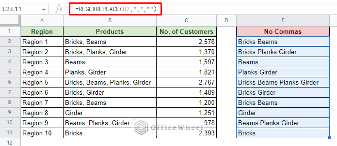 using regexreplace function to remove comma from string in google sheets
